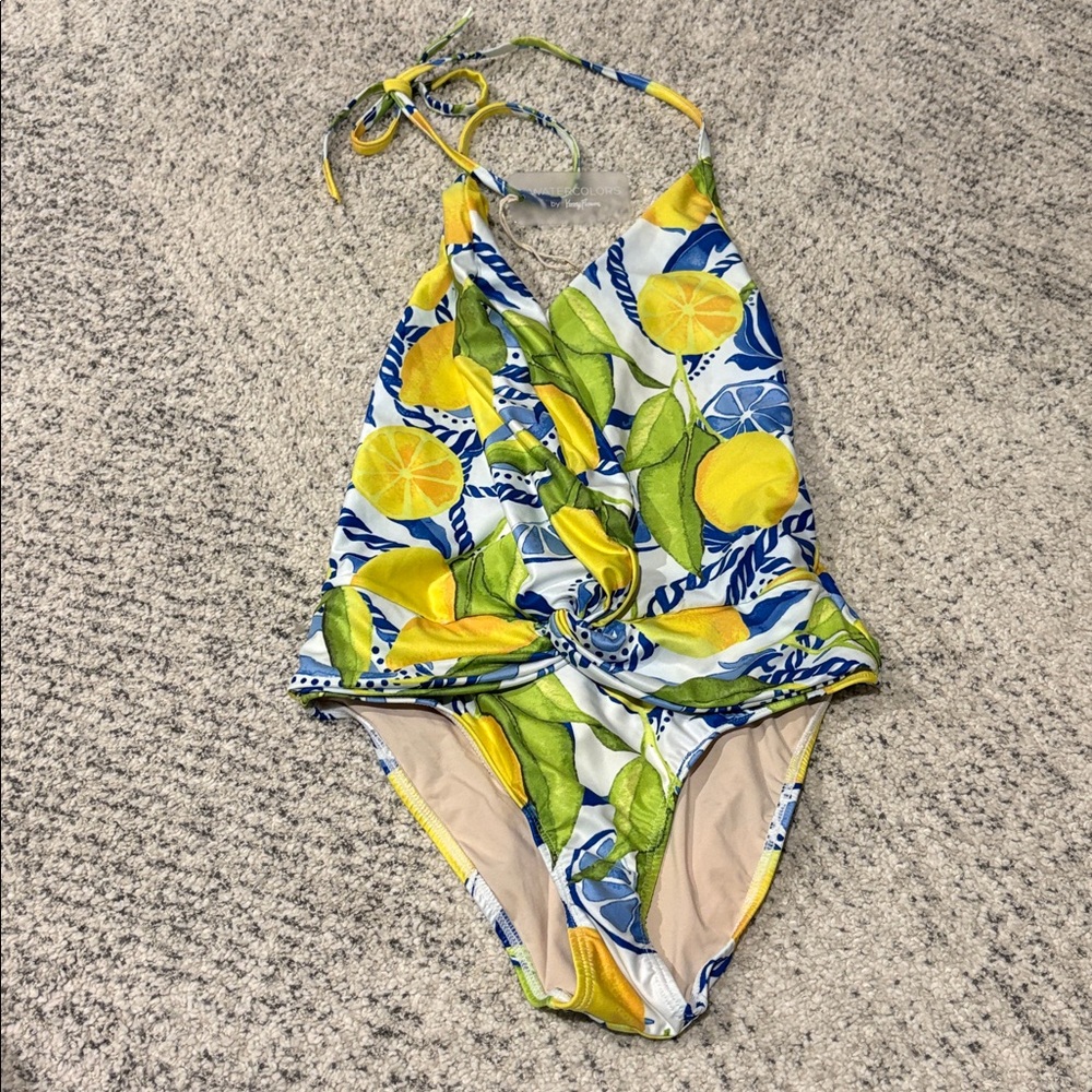 NWT Watercolors by Kenny Flowers Positano Lemon Print Deep V Halter Swimsuit - Picture 2 of 5